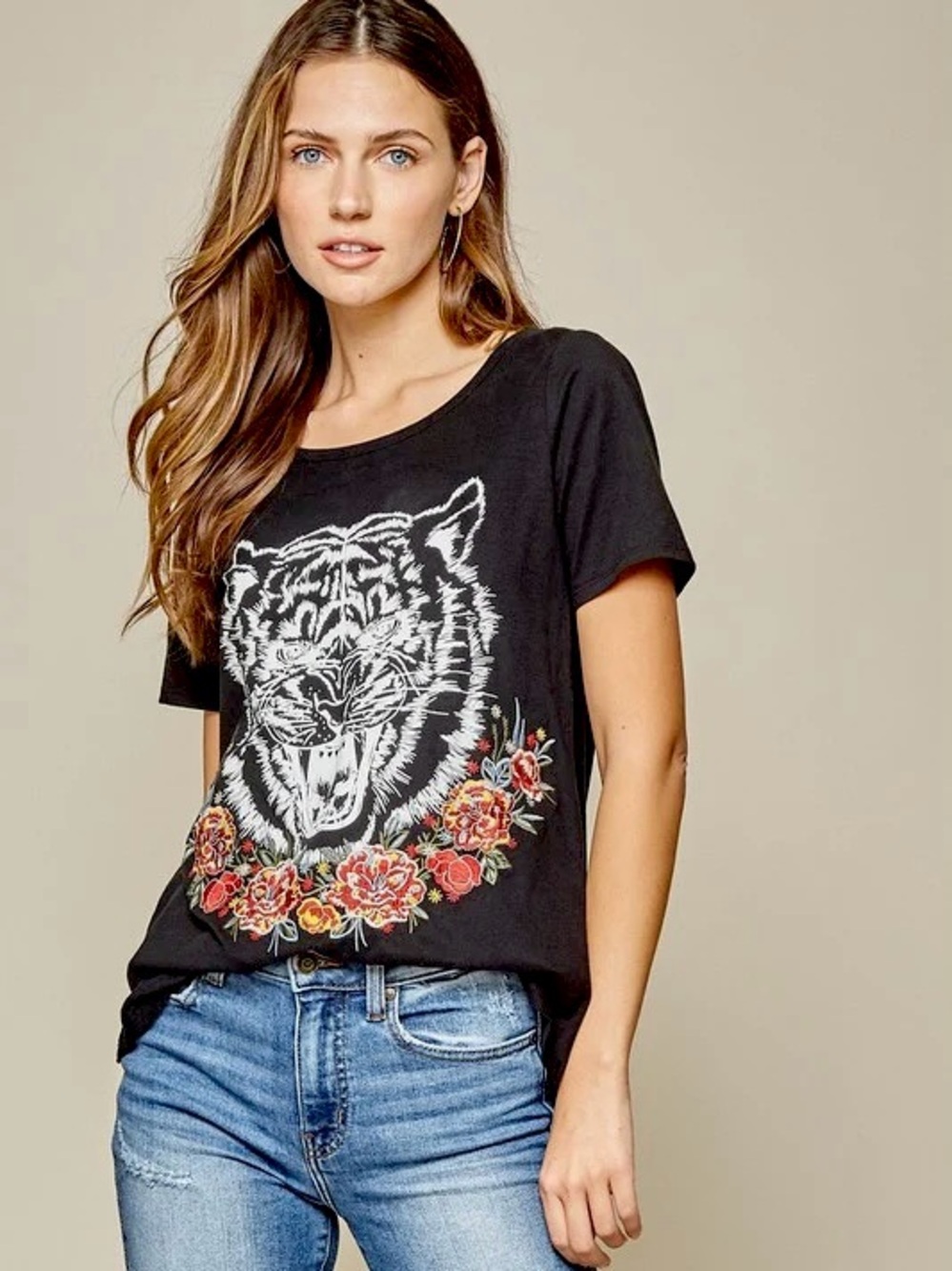 Black Tiger Graphic Tee with embroidered Floral Accents
